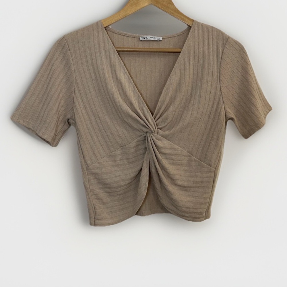 ZARA Ribbed Crop Top Twist Front Tan Short Sleeve Boho Women’s Size M